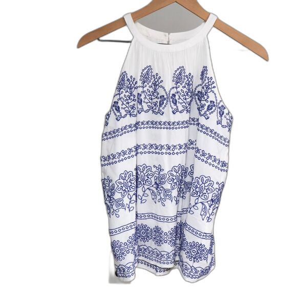 LOFT Tops - Loft White and Blue Embroidered Halter Top xs